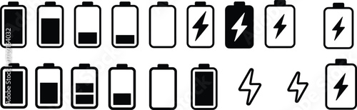 Battery charge level icon set vector illustration, electric power energy symbol, mobile device charging indicator design for technology, electronics and renewable energy