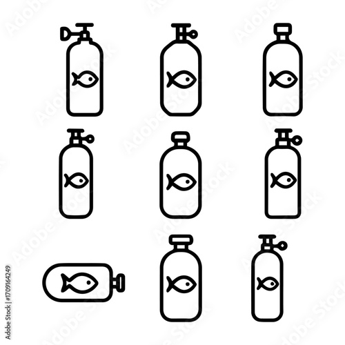 Scuba Tank Icons with Fish Symbol Black Outline Various Valve Styles.