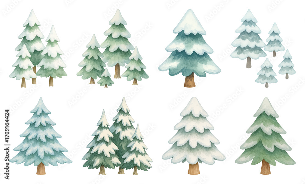 Obraz premium PNG Whimsical snowy pine trees illustration, element set on transparent background