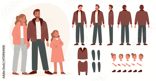 ather with mother and daughter. Family character constructor for animation. Front, side and back view set. Body parts, postures, poses collection. Vector illustration. 
