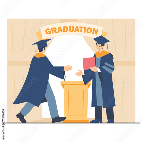 Graduation Celebration Illustration. Vector illustration of A graduate shakes hands on stage while accepting a diploma at a formal commencement ceremony. Isolated on background