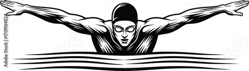 Professional swimmer illustration, butterfly stroke, competitive swimming design, aquatic sports vector, fitness training artwork, athlete performance, water sports graphic, endurance
