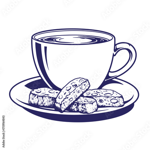 A cup of coffee and biscotti cookies hand drawn illustration for cafe design or menu