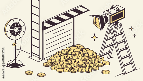 Film Production Success Movie Making Financial Success Studio Equipment Money Wealth Clapperboard Camera Lighting isometric illustration.