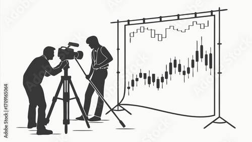 Filming a financial news report cameraman and presenter silhouettes stock market chart background.