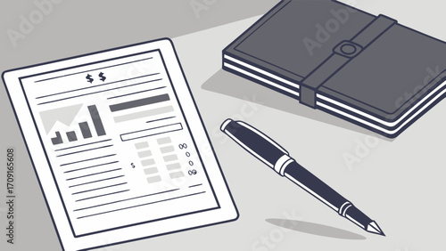 Financial report on tablet notebook and pen illustration business concept flat lay.