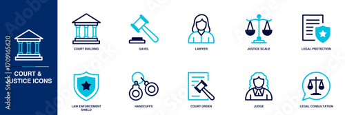 Court and Justice Blue Colored Outline Icon Set