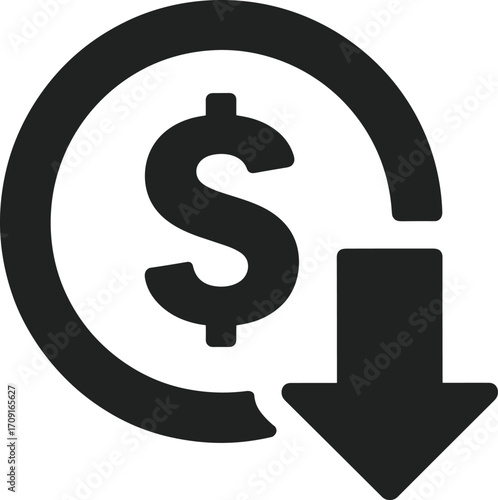 Dollar sign with downward arrow symbol, financial decline icon, money loss graphic, economic downturn concept, currency depreciation design, investment decrease illustration