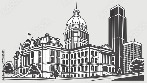 Government building illustration cityscape architecture dome skyscraper urban black and white vector graphic city hall capitol building municipal official administration urban landsc.