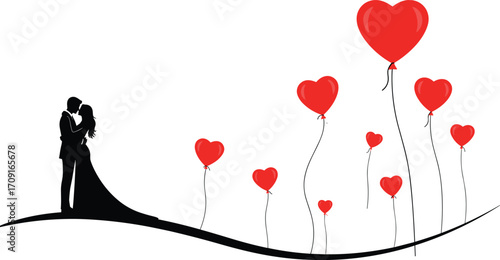 Romantic couple silhouette, wedding love scene, heart balloons background, romantic kiss moment, Valentine’s Day concept, marriage celebration illustration, vector art