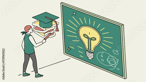 Graduate holding books and graduation cap near glowing lightbulb on a chalkboard illustration.
