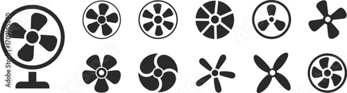 Electric fan vector illustration, household appliance cooling symbol, table fan and ventilation propeller icons, summer cooling equipment design, air circulation graphic elements