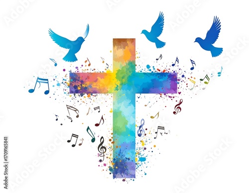 Colorful cross with music notes and birds a spiritual design