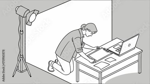 Graphic Design Studio Illustration Person Working on Tablet Laptop Photography Setup White Background Creative Process Home Office Digital Art Isometric View Flat Design Simple Illustr.