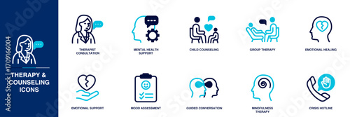 Therapy and Counseling Blue Colored Outline Icon Set