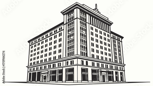 High-Rise Building Illustration Architectural Drawing Black and White Commercial Structure Urban Design Modern Architecture Vector Graphic.