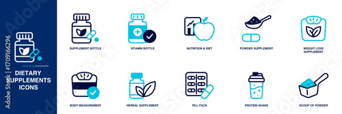Dietary Supplements Blue Colored Outline Icon Set