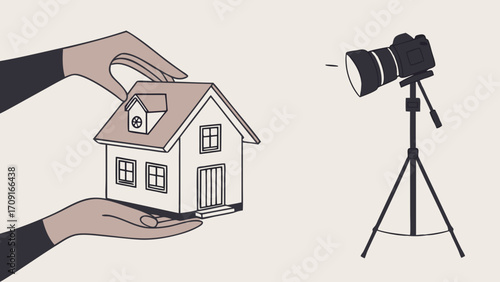House model photography real estate home staging property illustration architectural design camera lighting equipment studio shoot graphic design illustration flat design simple design.