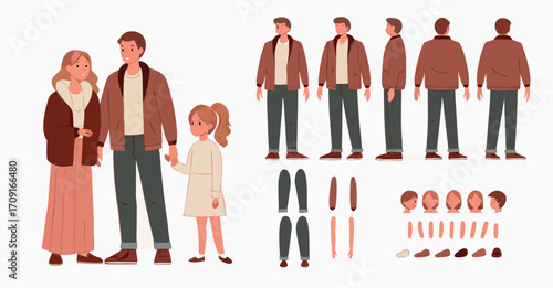 ather with mother and daughter. Family character constructor for animation. Front, side and back view set. Body parts, postures, poses collection. Vector illustration. 