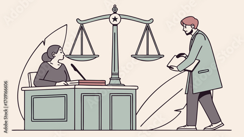 Illustration of a legal professional presenting documents to a judge in a courtroom setting scales of justice in background.