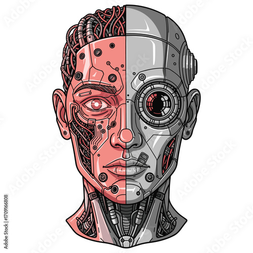 Vector Illustration of Half Human Cyborg Face in Modern Sci-Fi Style with Mechanical and Digital Elements