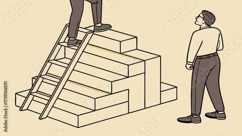Illustration of a person climbing a ladder to reach a higher level representing career growth success and ambition.