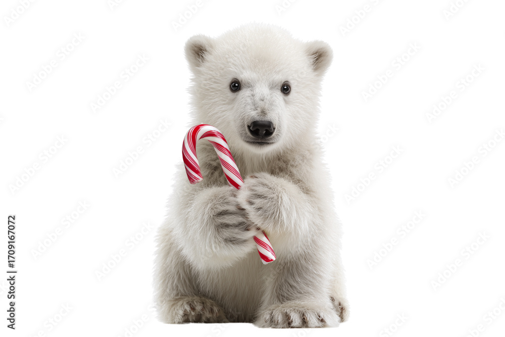 Obraz premium A Christmas polar bear cub holding a candy cane, isolated on a transparent background.