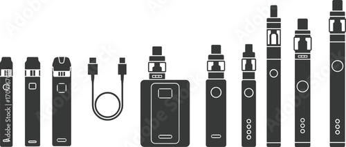 Electronic vape device vector illustration, modern e cigarette icons collection, vaping pod system, rechargeable vape pen, vaping equipment set, nicotine alternative design graphic