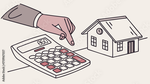 Illustration of hand using calculator to calculate house cost home finance mortgage real estate investment.