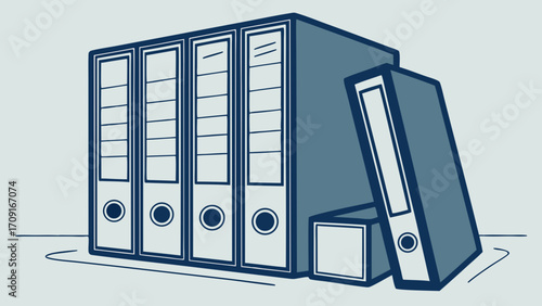 Illustration of multiple ring binders and files office organization archive paperwork storage document management business concept data information record keeping filing system adminis.