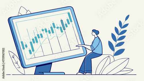 Illustration of person analyzing financial data on large computer screen stock market investment trading business analysis financial chart candlestick chart line graph data visualization.