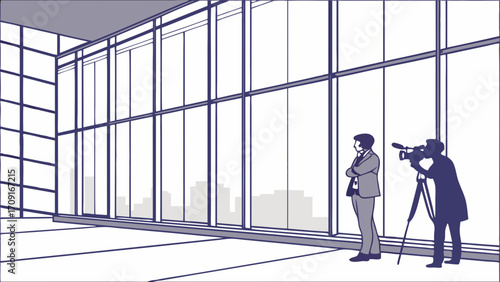 Interview filming business professional modern office large windows cityscape view cameraman tripod video production corporate media news broadcasting communication presentation i.