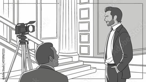 Interview Filming Camera Tripod Businessman Professional Studio Television Video Production Corporate Media News Broadcast Filming Scene Reporter Cameraman Production Team Busine.