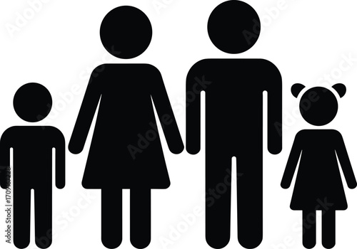 Family icon illustration with parents and children, simple silhouette style design, representing family relationship, unity, parenting, care, love, lifestyle, social connection