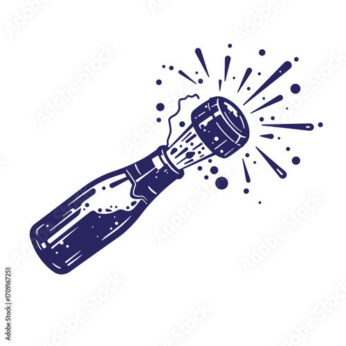 Champagne bottle opening with splash of bubbles celebratory icon illustration vector design