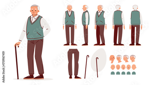 Elderly man character constructor for animation. Front, side and back view set. Body parts, postures, poses collection. Vector illustration.  