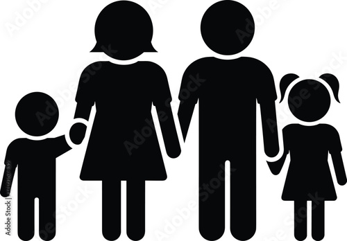 Family silhouette illustration showing parents with children, father mother son daughter holding hands, happy family icon, parental care, love, togetherness concept