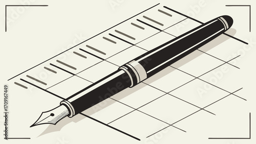 Isometric Illustration of Fountain Pen on Grid Paper Writing Stationery and Design Concept.