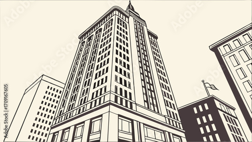 Low Angle View of Modern Skyscrapers Urban Architecture Illustration Black and White Line Art Cityscape Design.