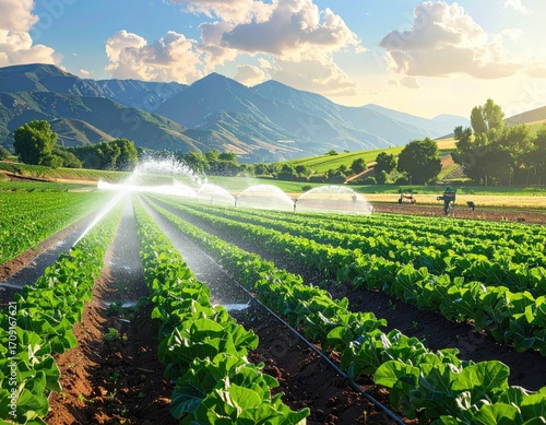 Irrigation system watering a vibrant vegetable field, bathed in golden sunlight, against a backdrop of rolling mountains under a partly cloudy sky
