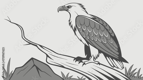 Majestic Eagle Perched on a Branch Monochrome Illustration Wildlife Artwork Bird of Prey Nature Graphic Vector Design.