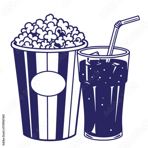 Classic movie night snack illustration featuring popcorn and a refreshing soda drink