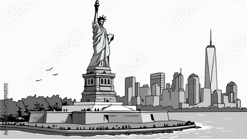 Monumental Statue with City Skyline Black and White Illustration Graphic Design Element.