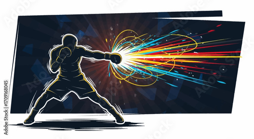 Dynamic vector illustration of a boxer silhouette punching with glowing energy lines, sports concept design