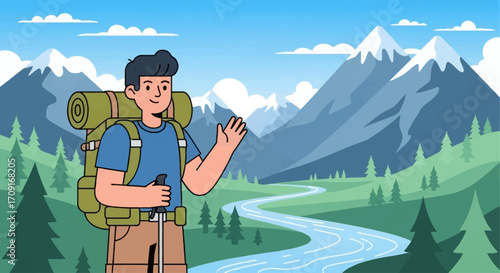 Flat illustration of young traveler with backpack, mountains and rivers in the background, outdoor lifestyle vector1