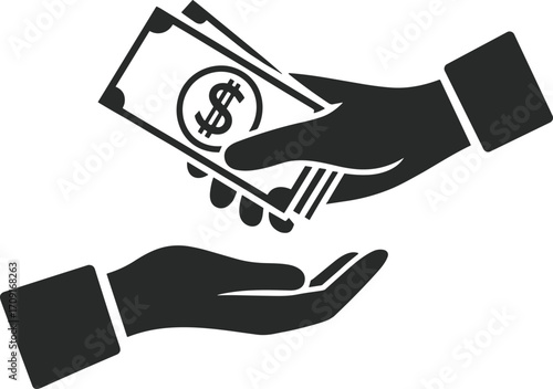 Hand giving money to another hand icon, cash payment symbol, financial transaction concept, business deal, salary, donation, exchange, banking, money transfer