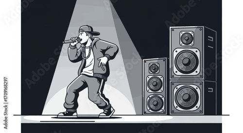 Flat vector of a rapper on stage with big speaker