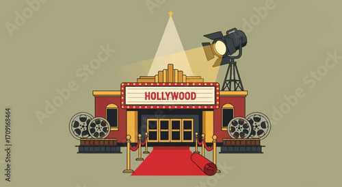 Minimalist flat vector illustration of an old Hollywood cinema with vintage film reels, red carpet, and retro spotlight, symbolizing classic movie stars
