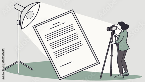 Photographer shooting a large document with studio lighting and tripod.