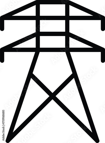 High voltage electricity pylon vector icon, transmission tower symbol, electric utility pole illustration, energy distribution structure, power line infrastructure, industrial engineering design